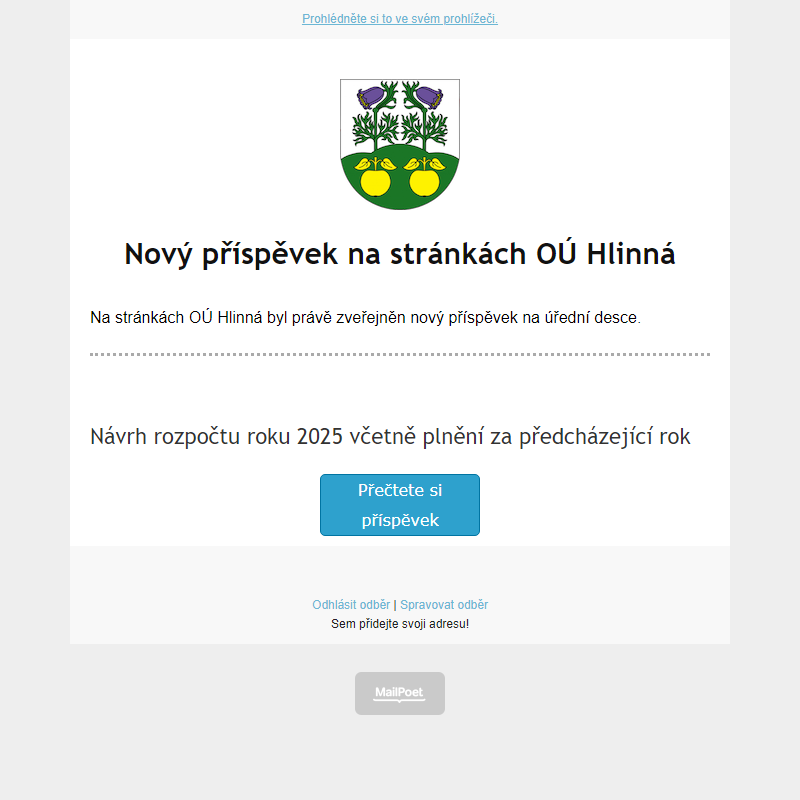 Na úřední desce na stránce hlinná.cz byl zveřejněn nový příspěvek