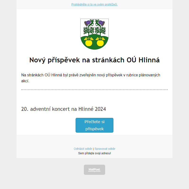 V rubrice akcí na stránce hlinná.cz byl zveřejněn nový příspěvek