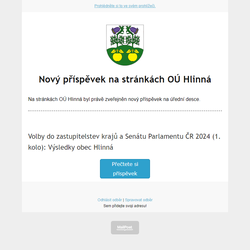 Na úřední desce na stránce hlinná.cz byl zveřejněn nový příspěvek
