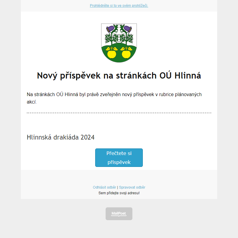 V rubrice akcí na stránce hlinná.cz byl zveřejněn nový příspěvek