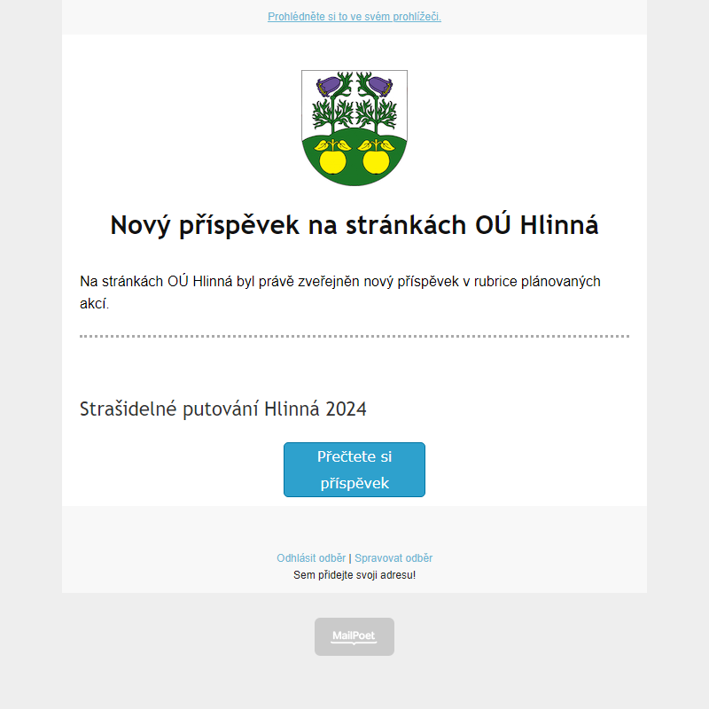 V rubrice akcí na stránce hlinná.cz byl zveřejněn nový příspěvek