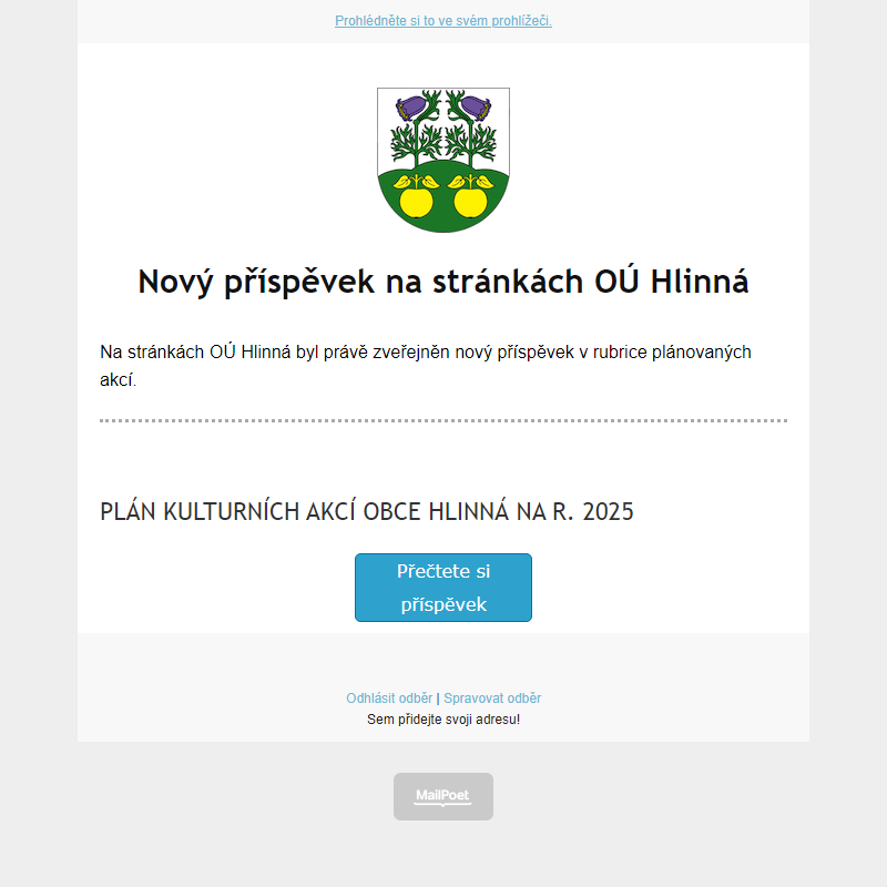 V rubrice akcí na stránce hlinná.cz byl zveřejněn nový příspěvek