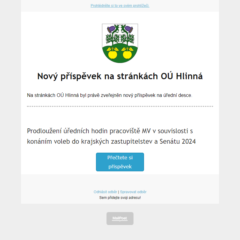 Na úřední desce na stránce hlinná.cz byl zveřejněn nový příspěvek