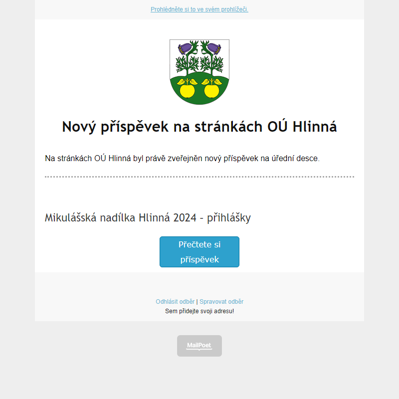 Na úřední desce na stránce hlinná.cz byl zveřejněn nový příspěvek