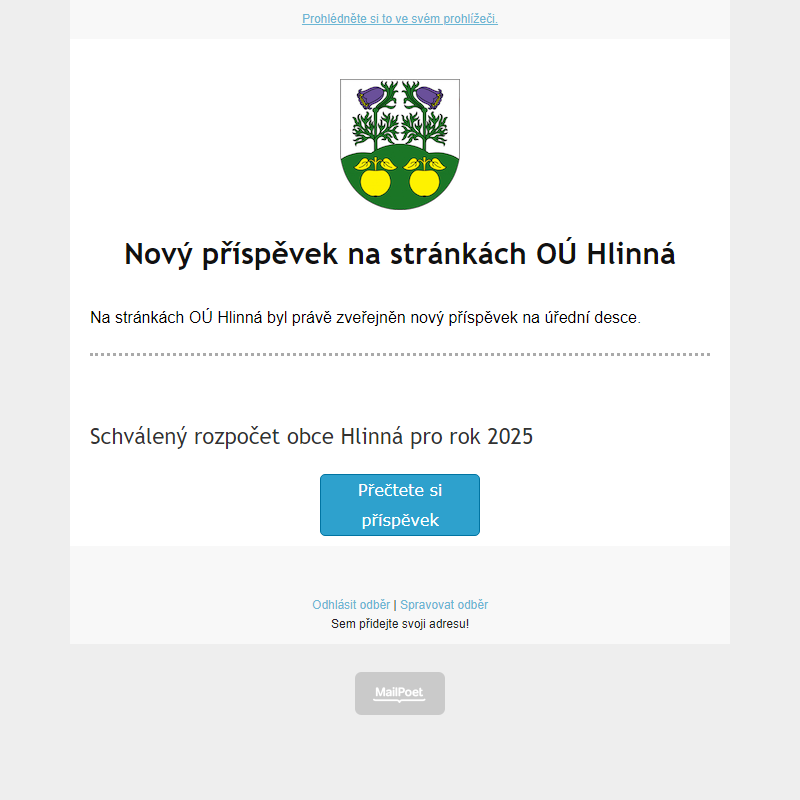 Na úřední desce na stránce hlinná.cz byl zveřejněn nový příspěvek
