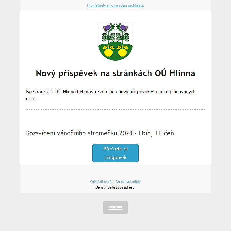 V rubrice akcí na stránce hlinná.cz byl zveřejněn nový příspěvek