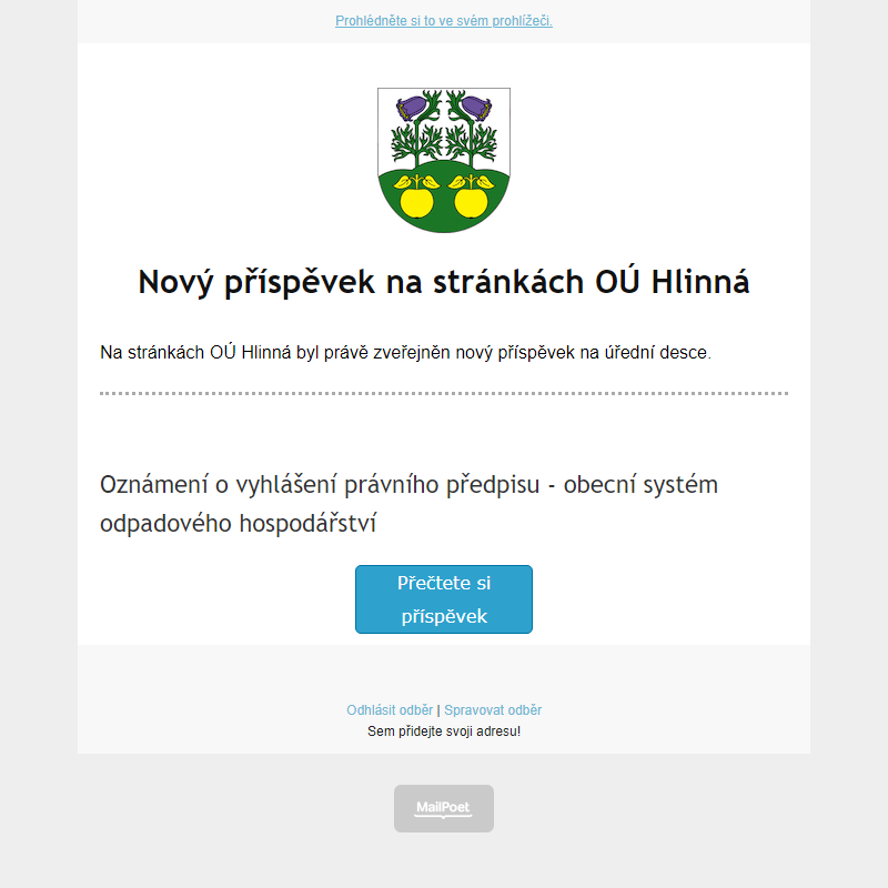 Na úřední desce na stránce hlinná.cz byl zveřejněn nový příspěvek