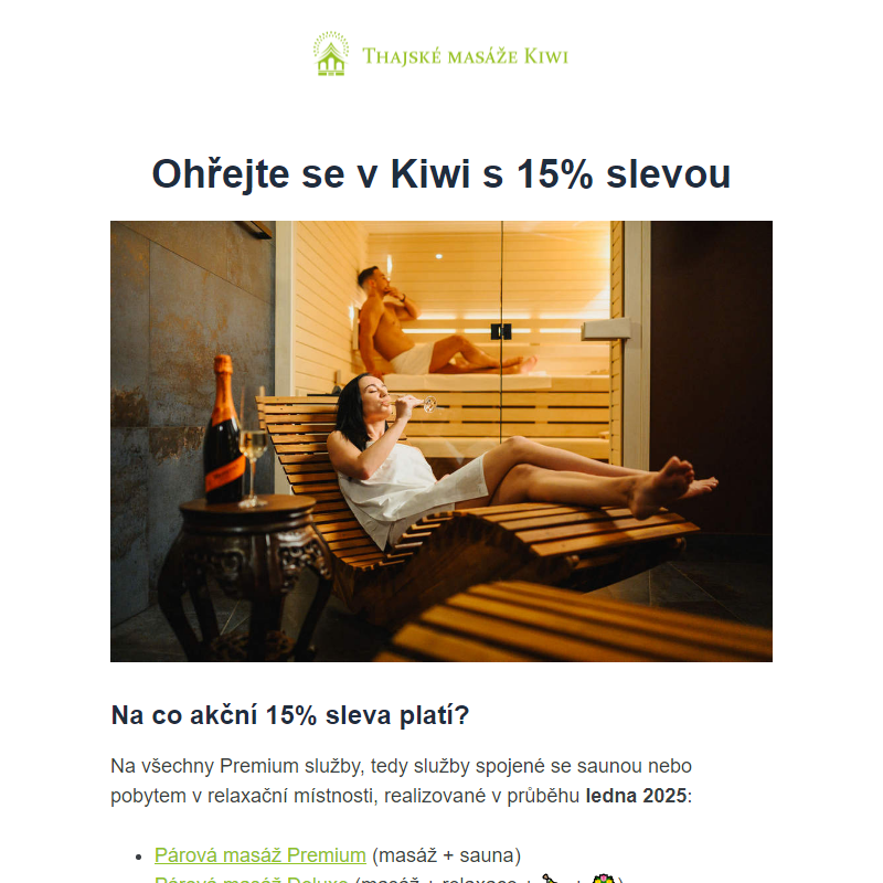 V lednu do Kiwi privátní sauny se slevou 15 %! Kód uvnitř