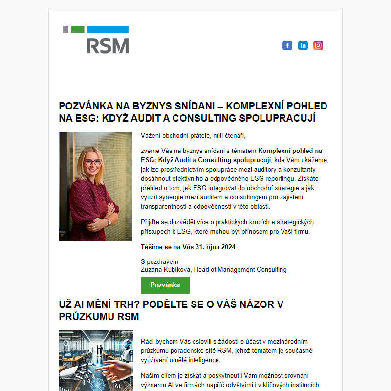 Pozvánka na byznys snídani: Komplexní pohled na ESG: Když Audit a Consulting spolupracují