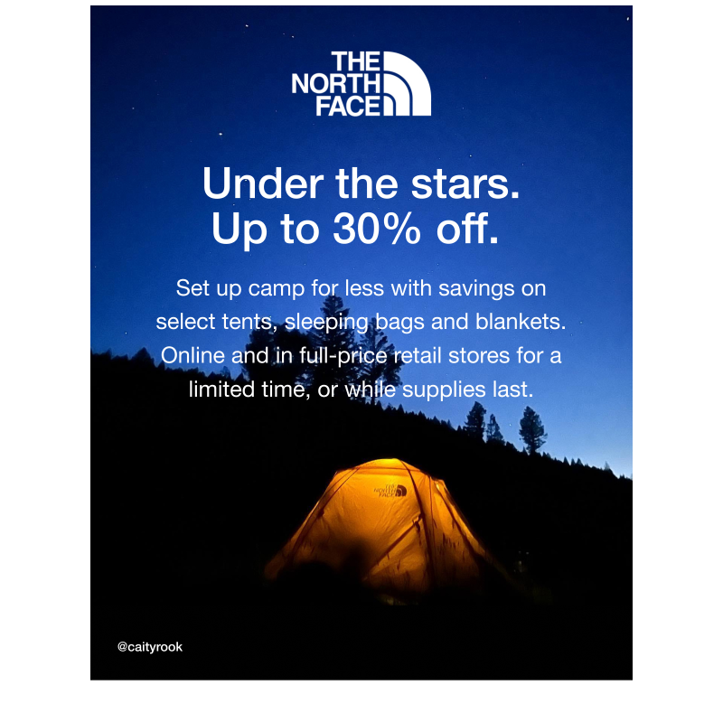 Up to 30% off select tents, sleeping bags and blankets.