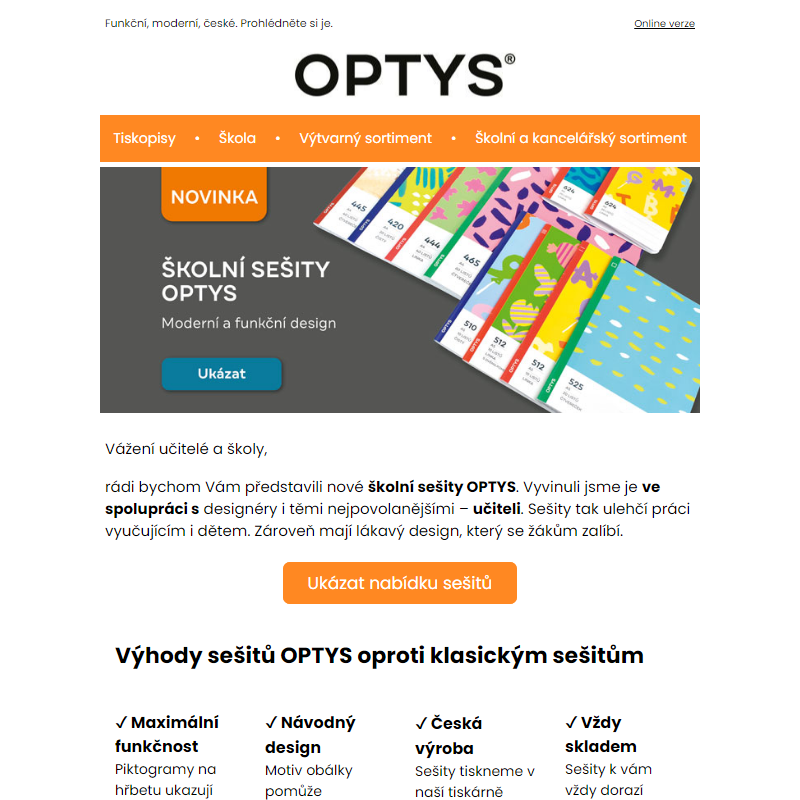 Nové školní sešity OPTYS. Vytvořeny ve spolupráci s učiteli a designéry