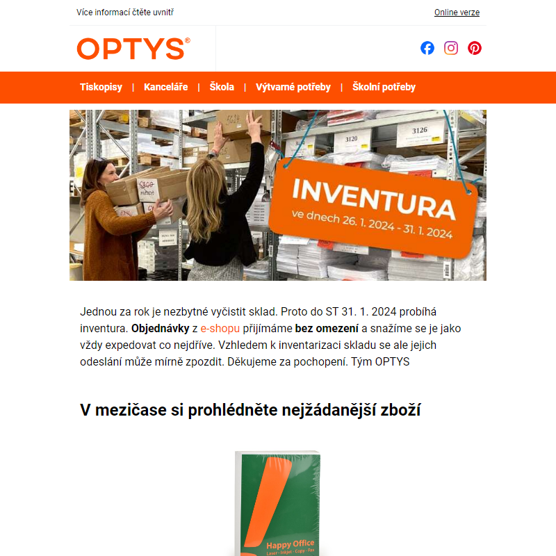 OPTYS informuje: Inventura & plynulé objednávky