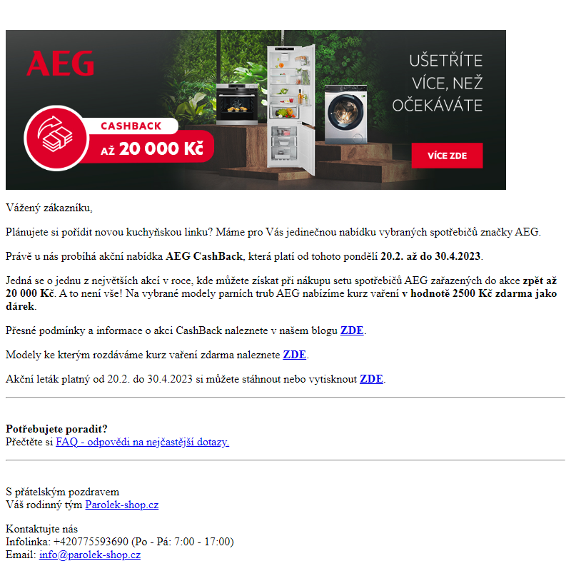 Akční nabídka AEG CashBack od 20.2. do 30.4.2023