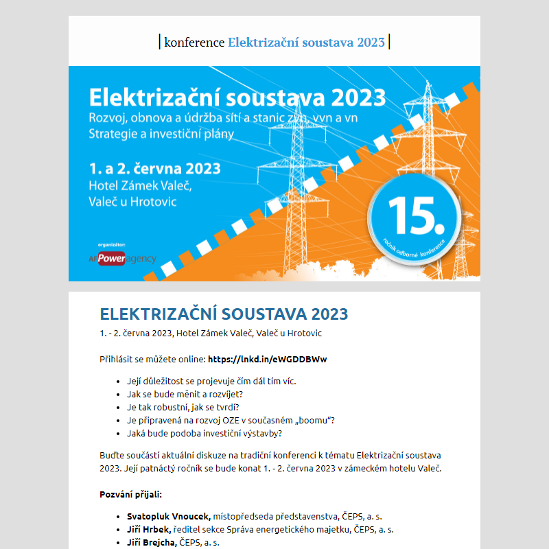 pozvánka na konferenci Elektrizační soustava 2023