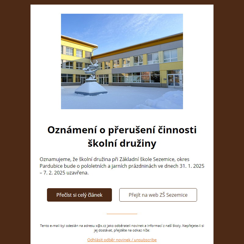 Oznámení o přerušení činnosti školní družiny