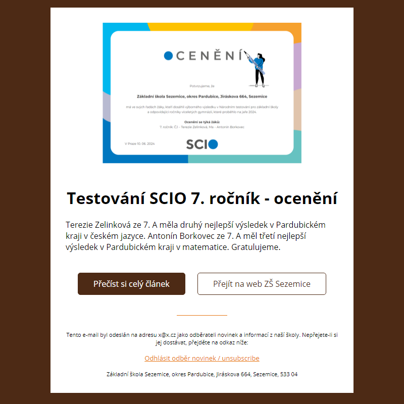 Testování SCIO 7. ročník - ocenění