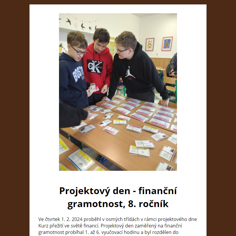 Projektový den - finanční gramotnost, 8. ročník