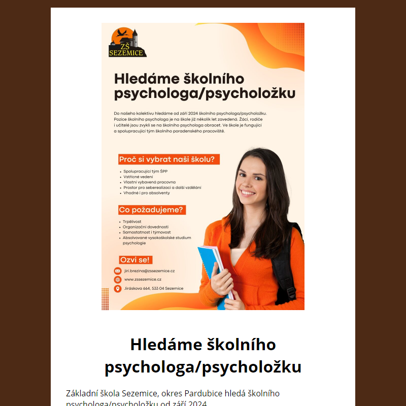 Hledáme školního psychologa/psycholožku