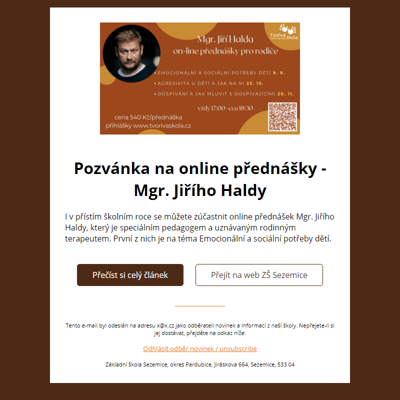 Pozvánka na online přednášky - Mgr. Jiřího Haldy