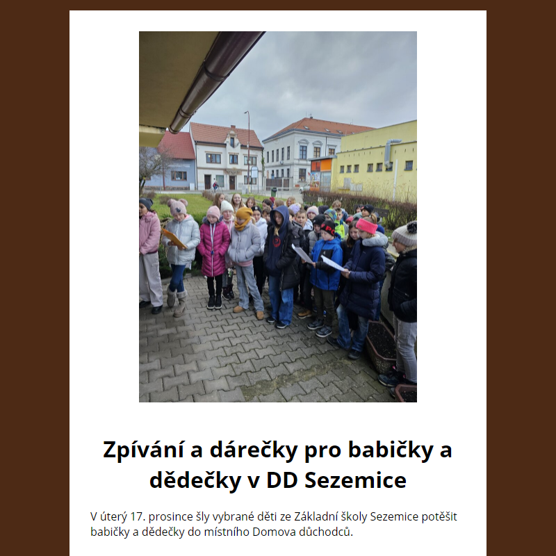 Zpívání a dárečky pro babičky a dědečky v DD Sezemice