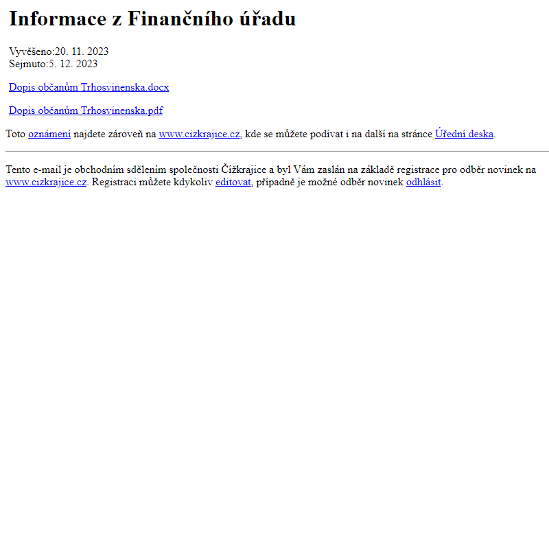 Na úřední desku www.cizkrajice.cz bylo přidáno oznámení Informace z Finančního úřadu