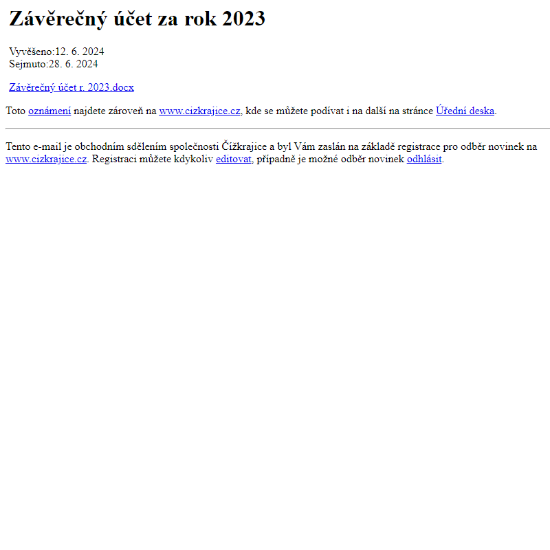 Na úřední desku www.cizkrajice.cz bylo přidáno oznámení Závěrečný účet za rok 2023