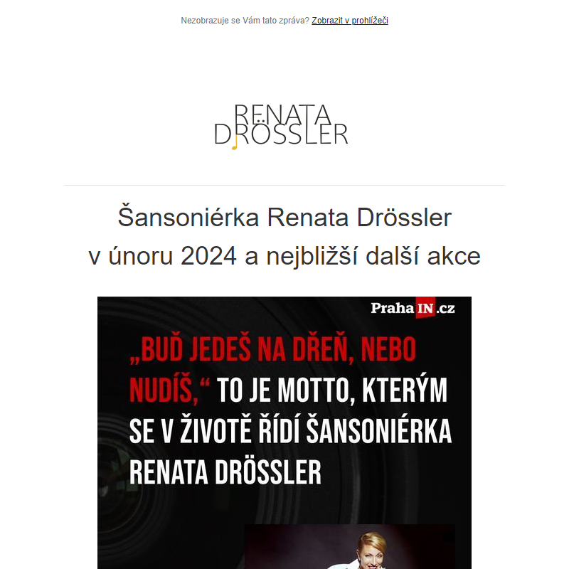 Šansoniérka Renata Drössler v únoru 2024 a nejbližší další akce