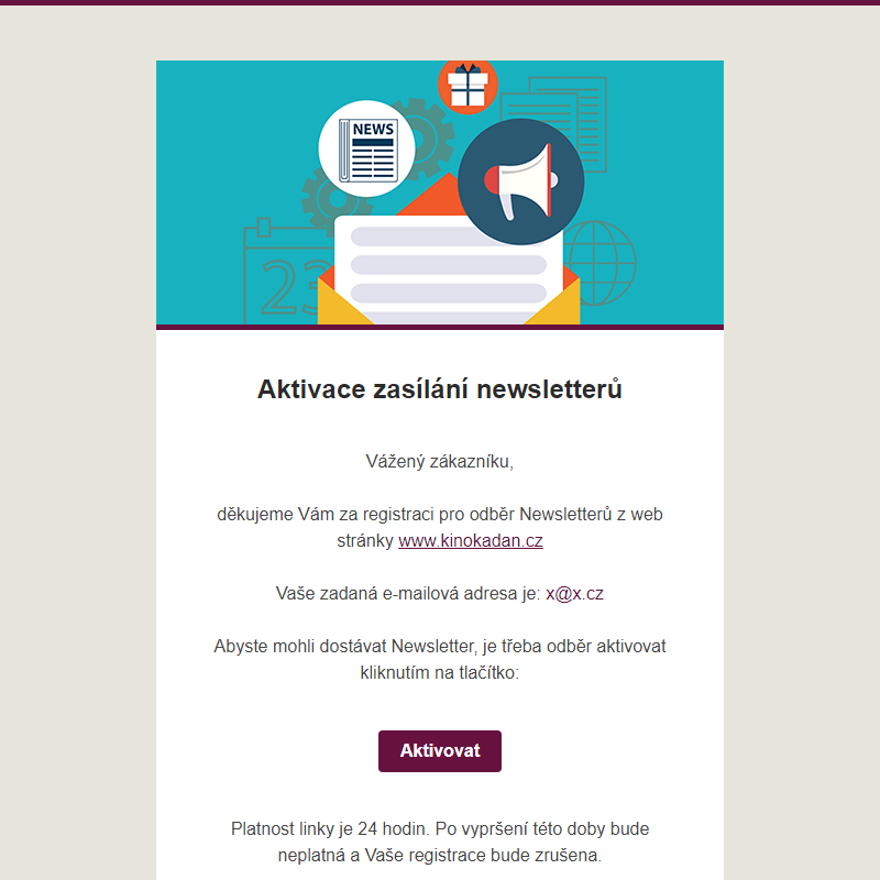 Aktivace Vaší e-mailové adresy pro doručování novinek