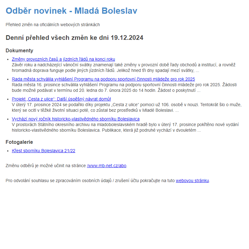 Odběr novinek ze dne 19.12.2024