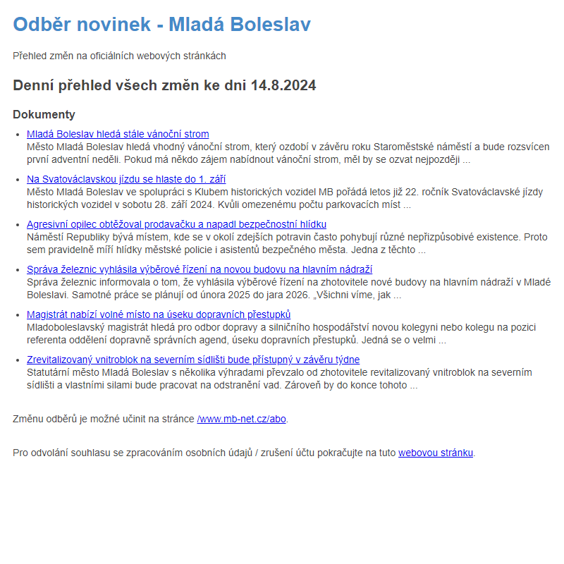 Odběr novinek ze dne 14.8.2024