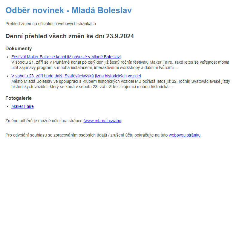 Odběr novinek ze dne 23.9.2024