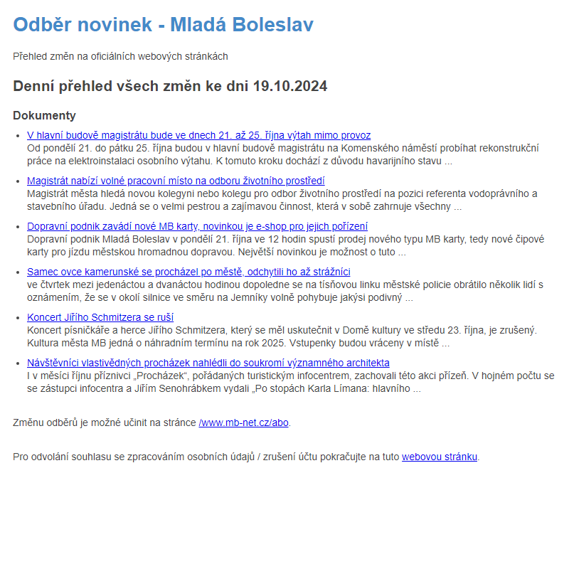 Odběr novinek ze dne 19.10.2024