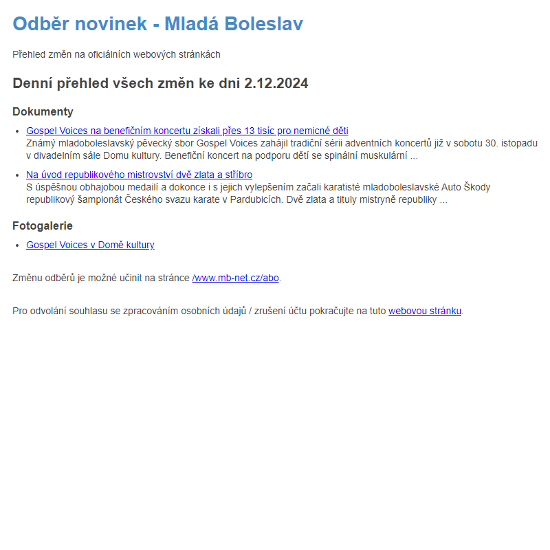 Odběr novinek ze dne 2.12.2024