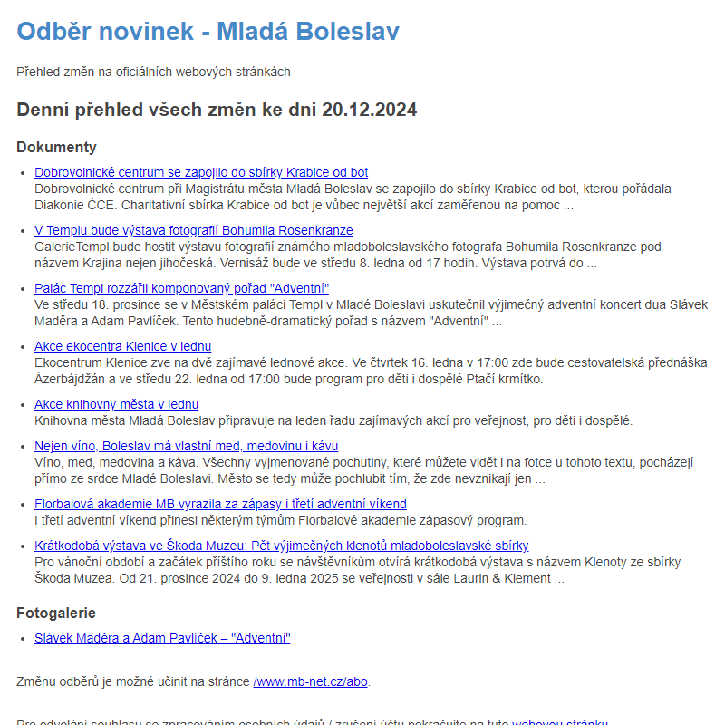 Odběr novinek ze dne 20.12.2024