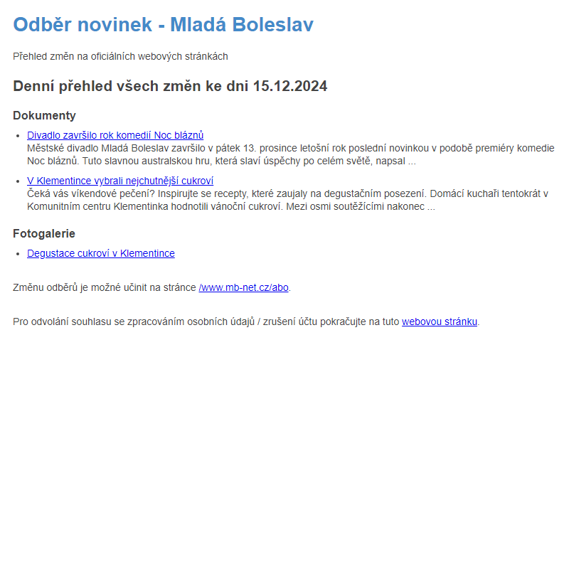 Odběr novinek ze dne 15.12.2024