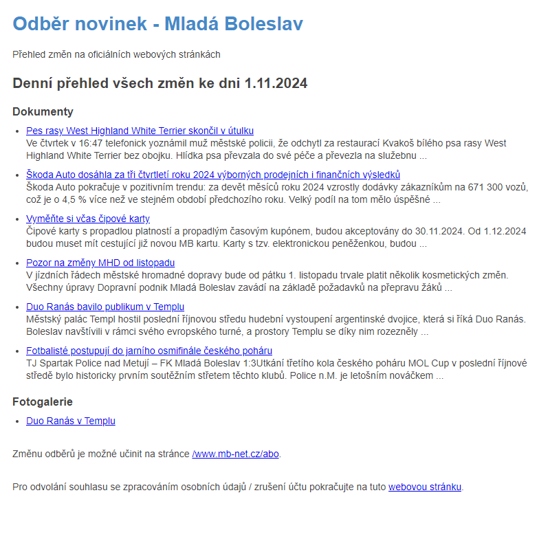 Odběr novinek ze dne 1.11.2024