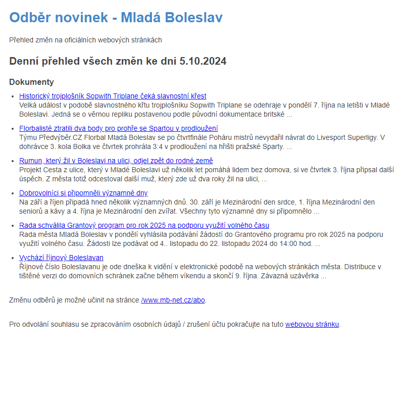 Odběr novinek ze dne 5.10.2024