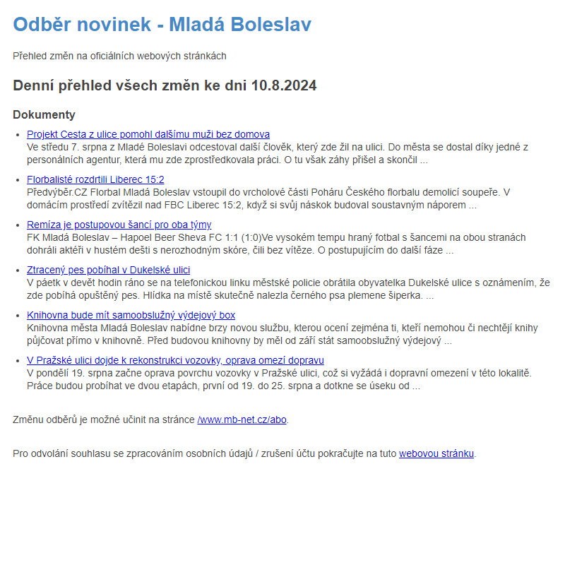 Odběr novinek ze dne 10.8.2024