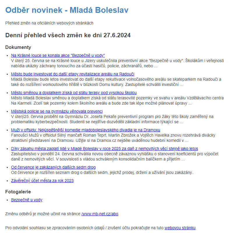 Odběr novinek ze dne 27.6.2024