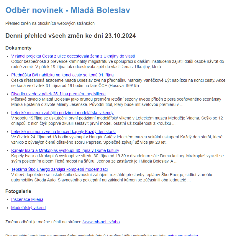 Odběr novinek ze dne 23.10.2024