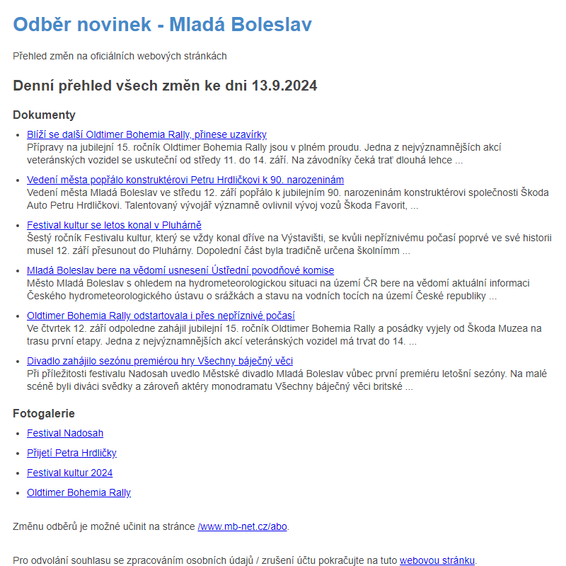 Odběr novinek ze dne 13.9.2024