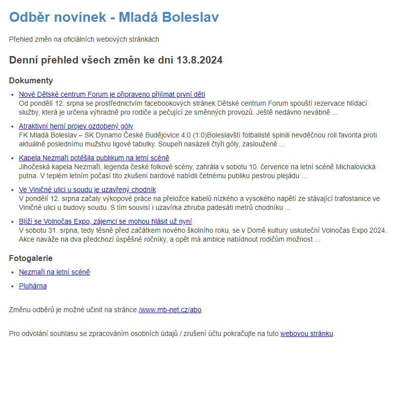 Odběr novinek ze dne 13.8.2024