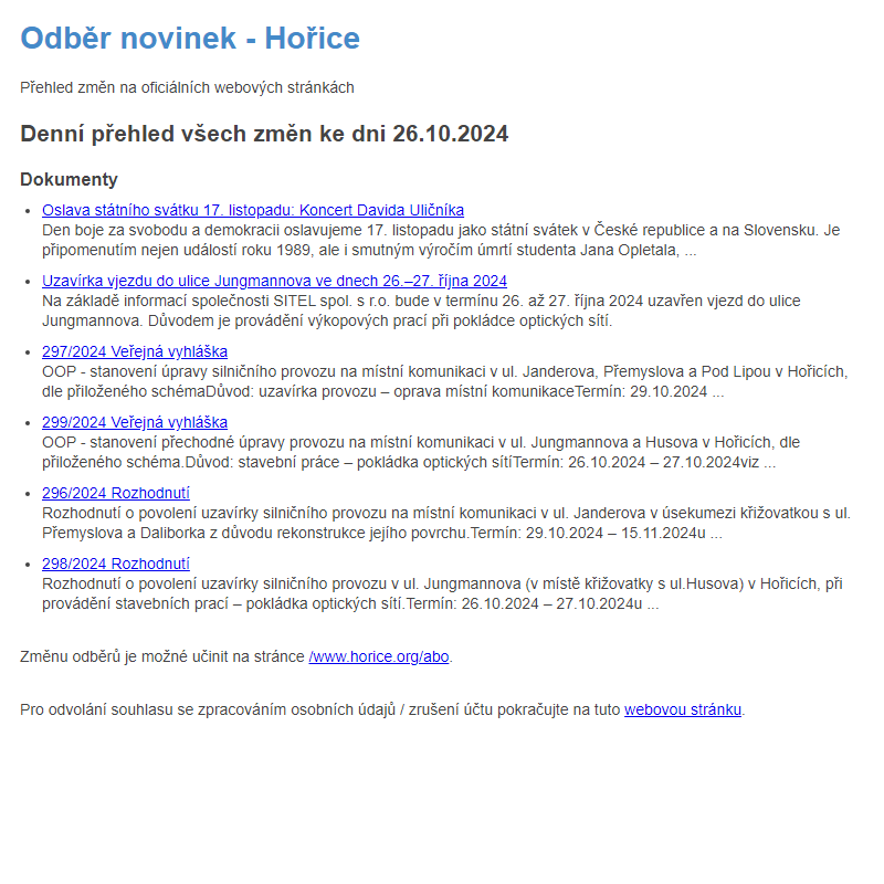 Odběr novinek ze dne 26.10.2024