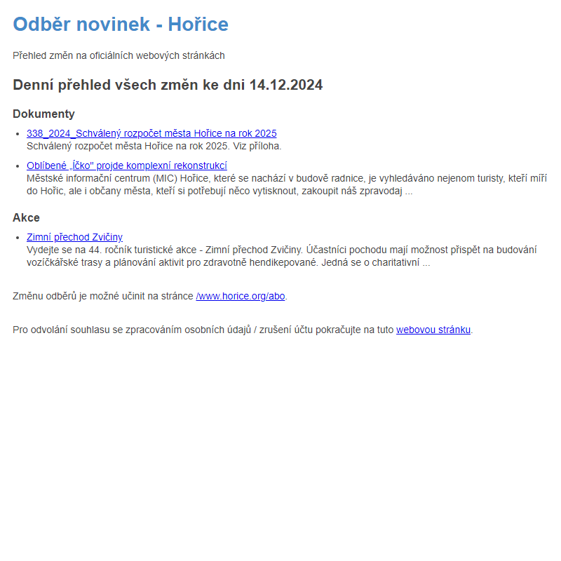 Odběr novinek ze dne 14.12.2024