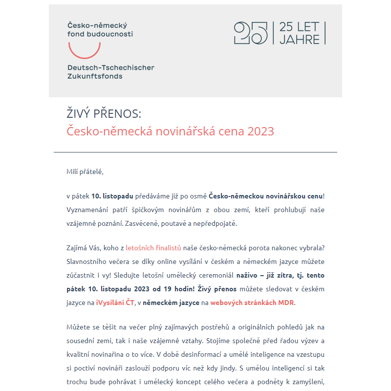 ŽIVÝ PŘENOS | Česko-německá novinářská cena 2023