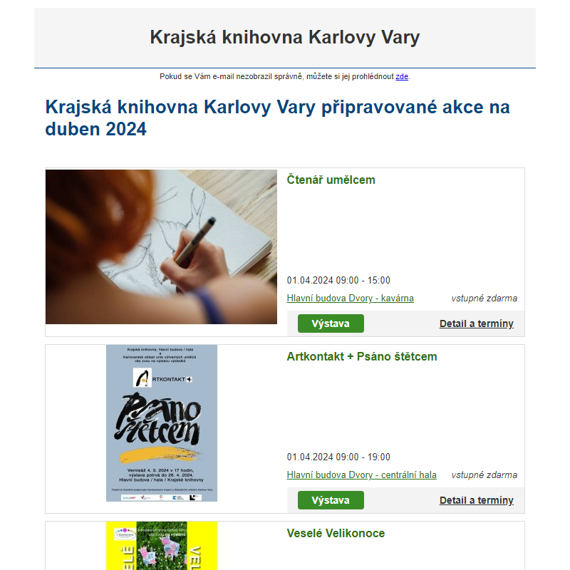 Krajská knihovna Karlovy Vary připravované akce na duben 2024