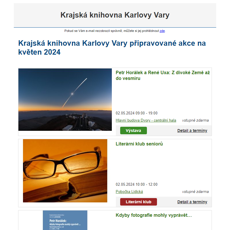 Krajská knihovna Karlovy Vary připravované akce na květen 2024