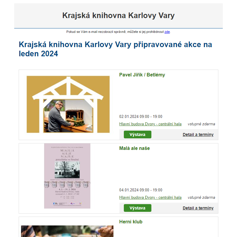 Krajská knihovna Karlovy Vary připravované akce na leden 2024
