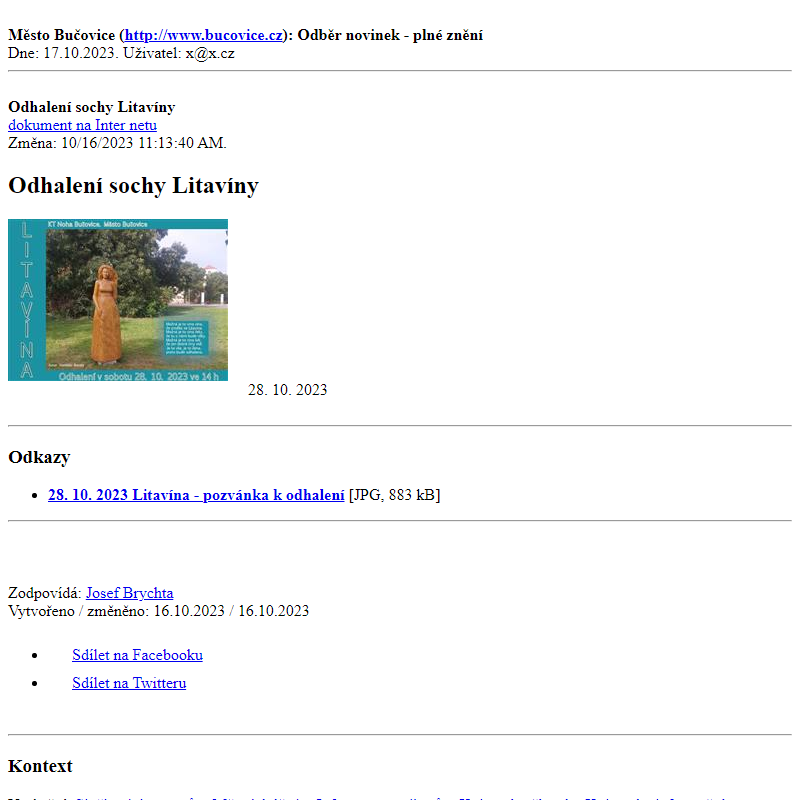 Odběr novinek ze dne 17.10.2023 - dokument Odhalení sochy Litavíny