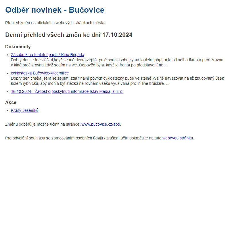 Odběr novinek ze dne 17.10.2024